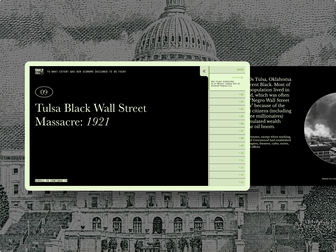 Desktop gallery slide about Tulsa Black Wall Street Massacre: 1921 over a Capitol engraving