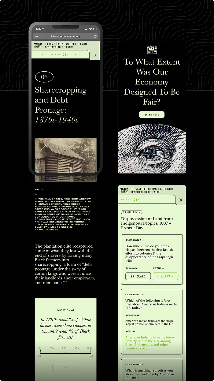 Take on Wall Street mobile and desktop screens with quizzes and historical content