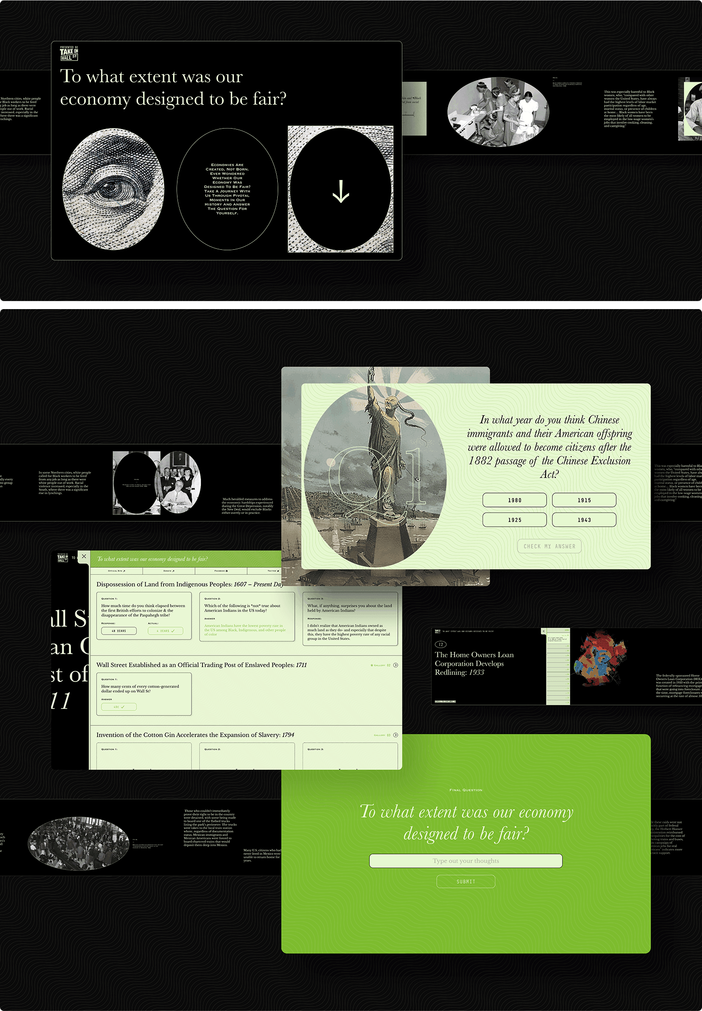 Website interface mockups with historical quiz cards and green submission panel