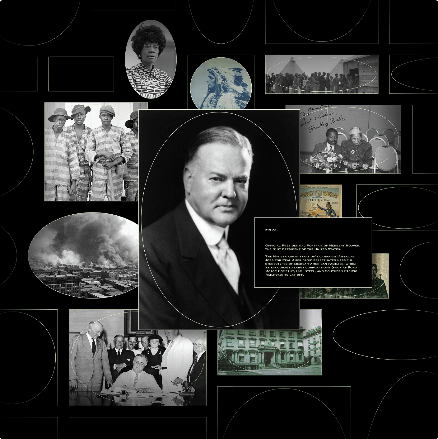 Historical photo collage with portrait, maps, documents, and archival scenes