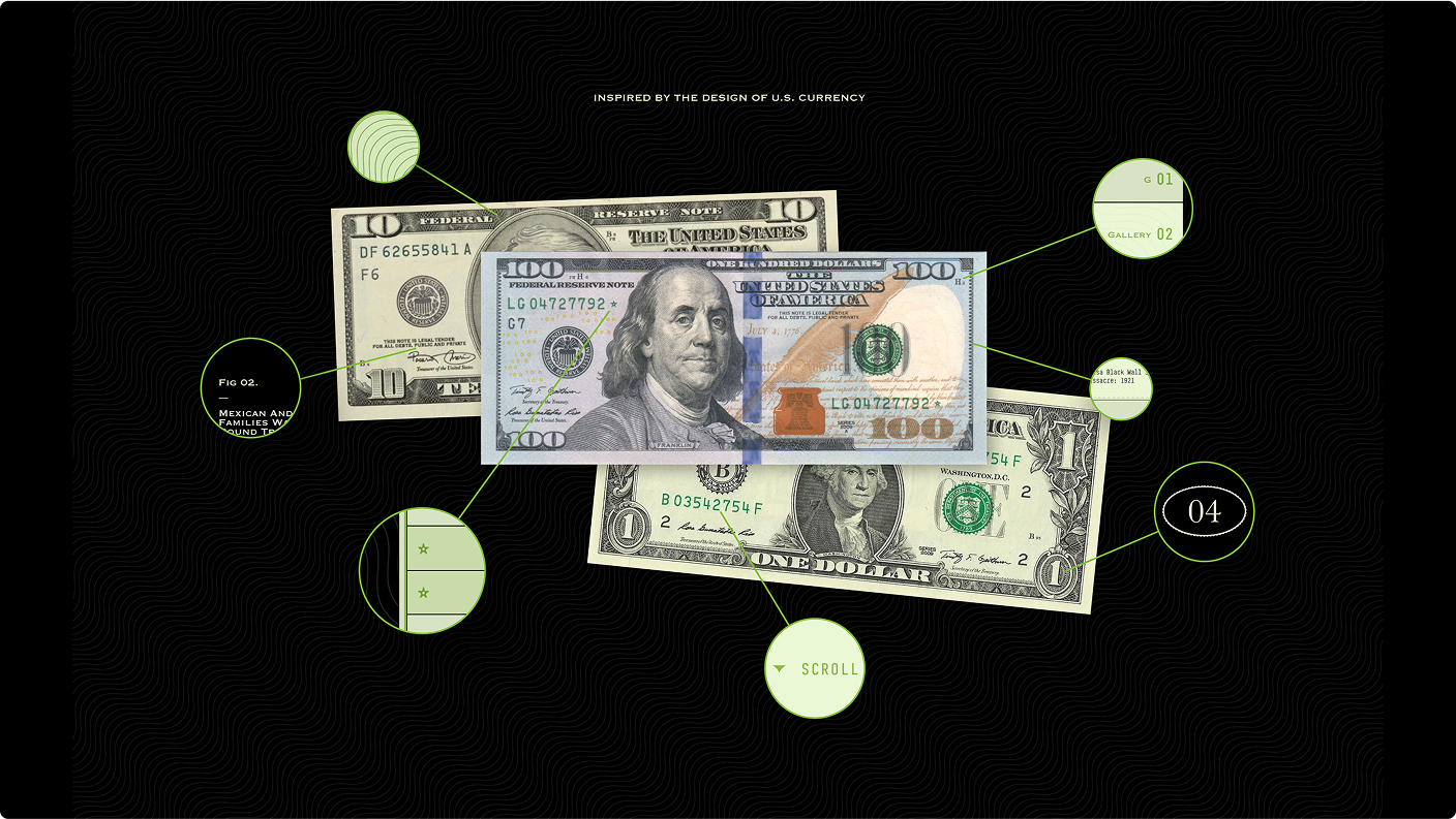 Layered U.S. dollar bills with green circular callouts on a black background