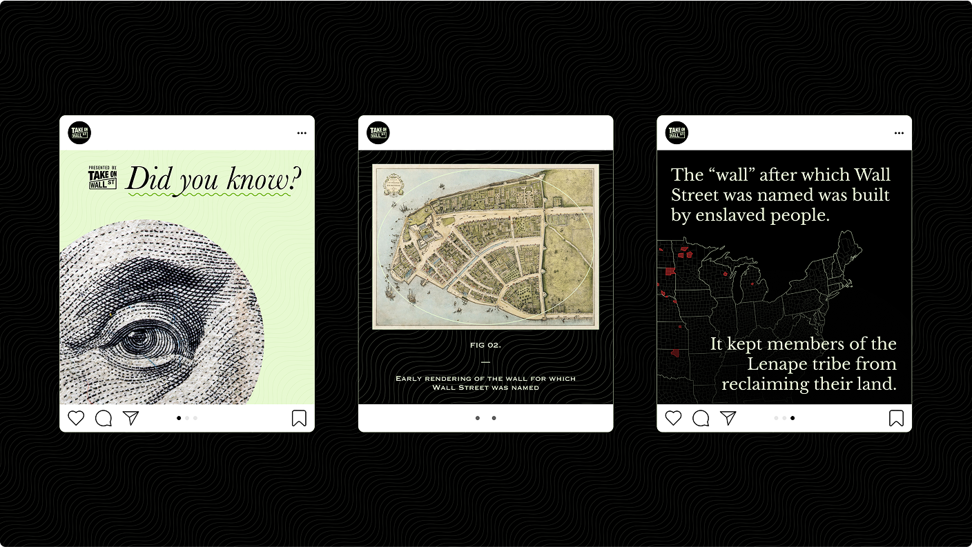 Three Take on Wall Street Instagram posts about Wall Street history