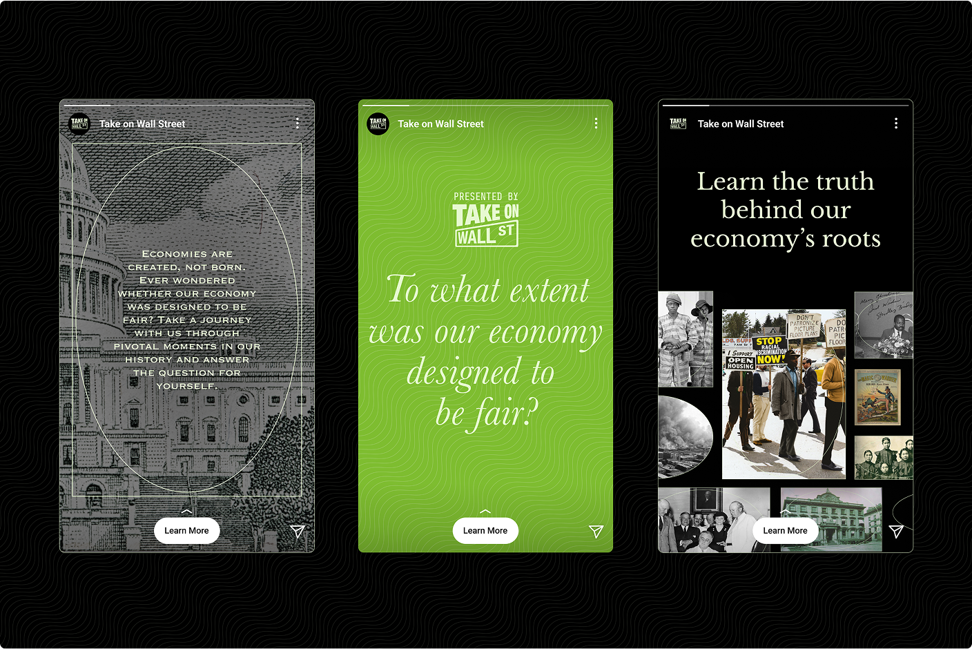 Three Take on Wall Street story panels about economic fairness on a black patterned background