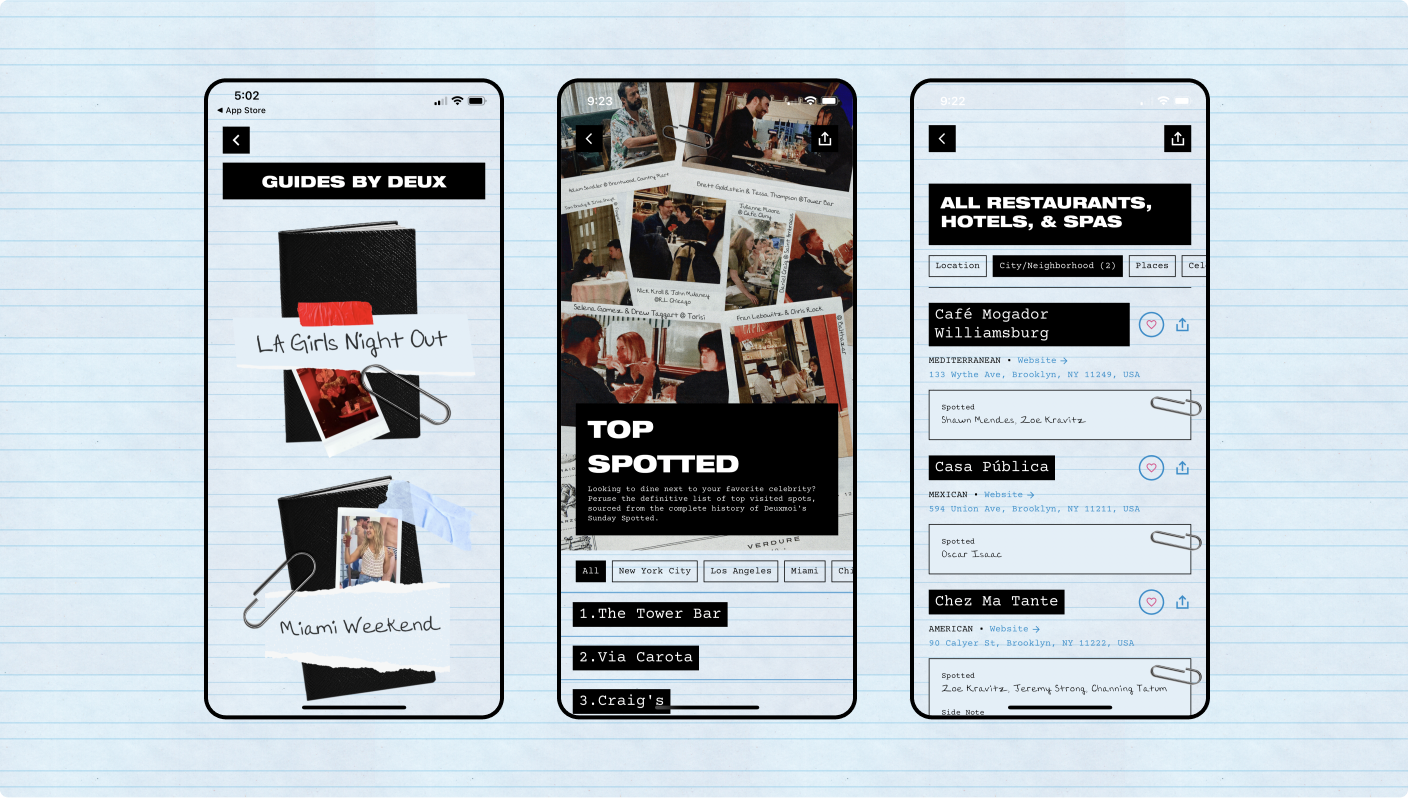 Three Deuxmoi World mobile app screens on a lined paper background