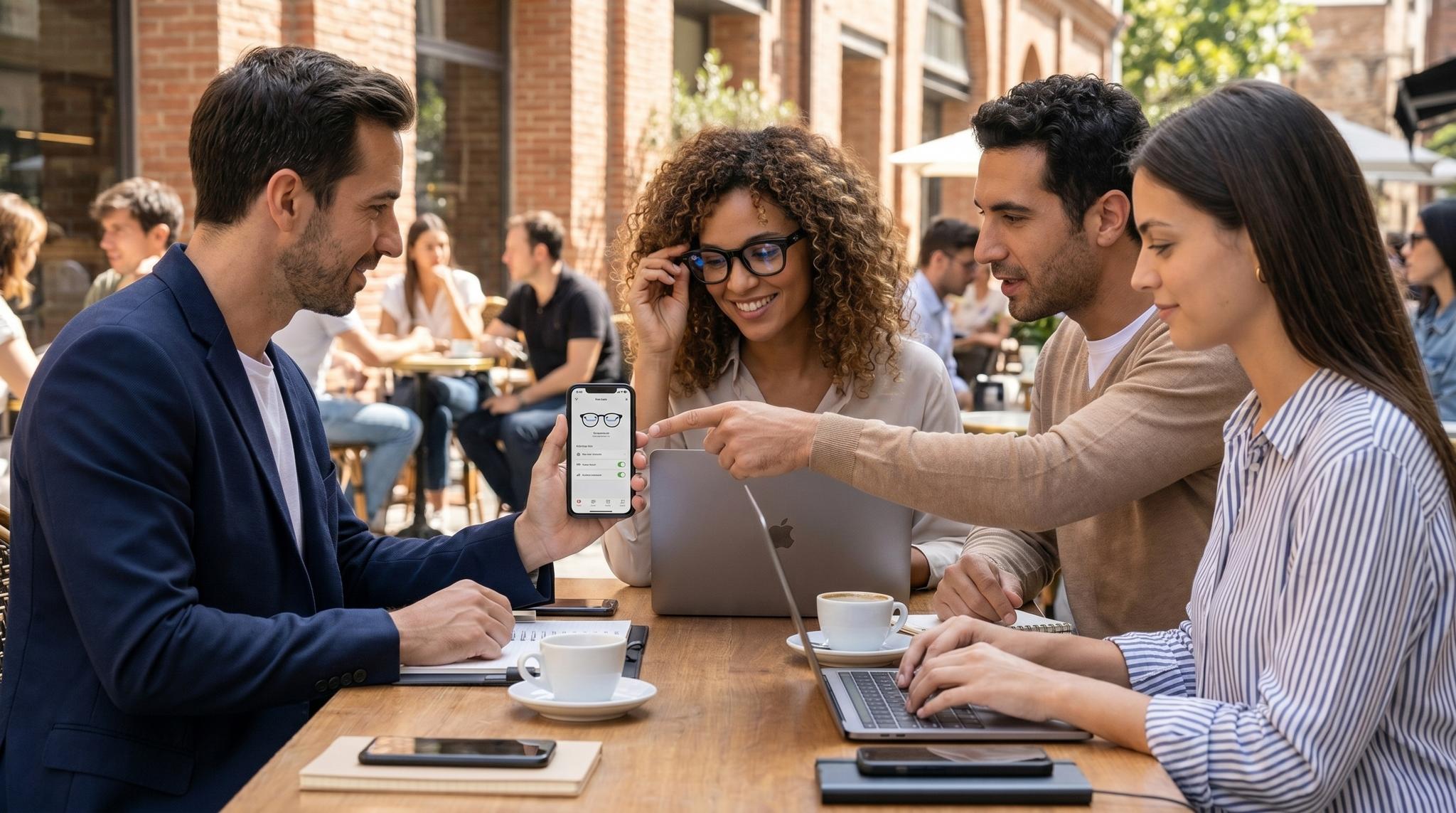 Team reviewing a smart glasses app on a phone at an outdoor cafe table