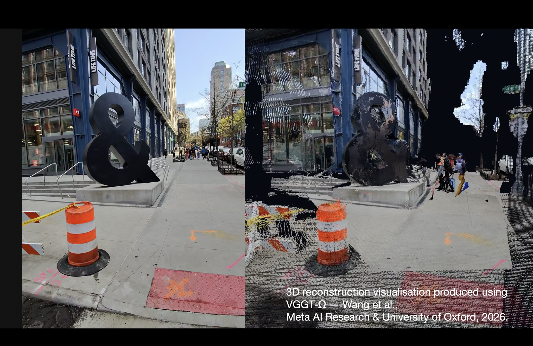 Side-by-side phone photo and 3D point-cloud reconstruction of a sidewalk scene with an ampersand sculpture.