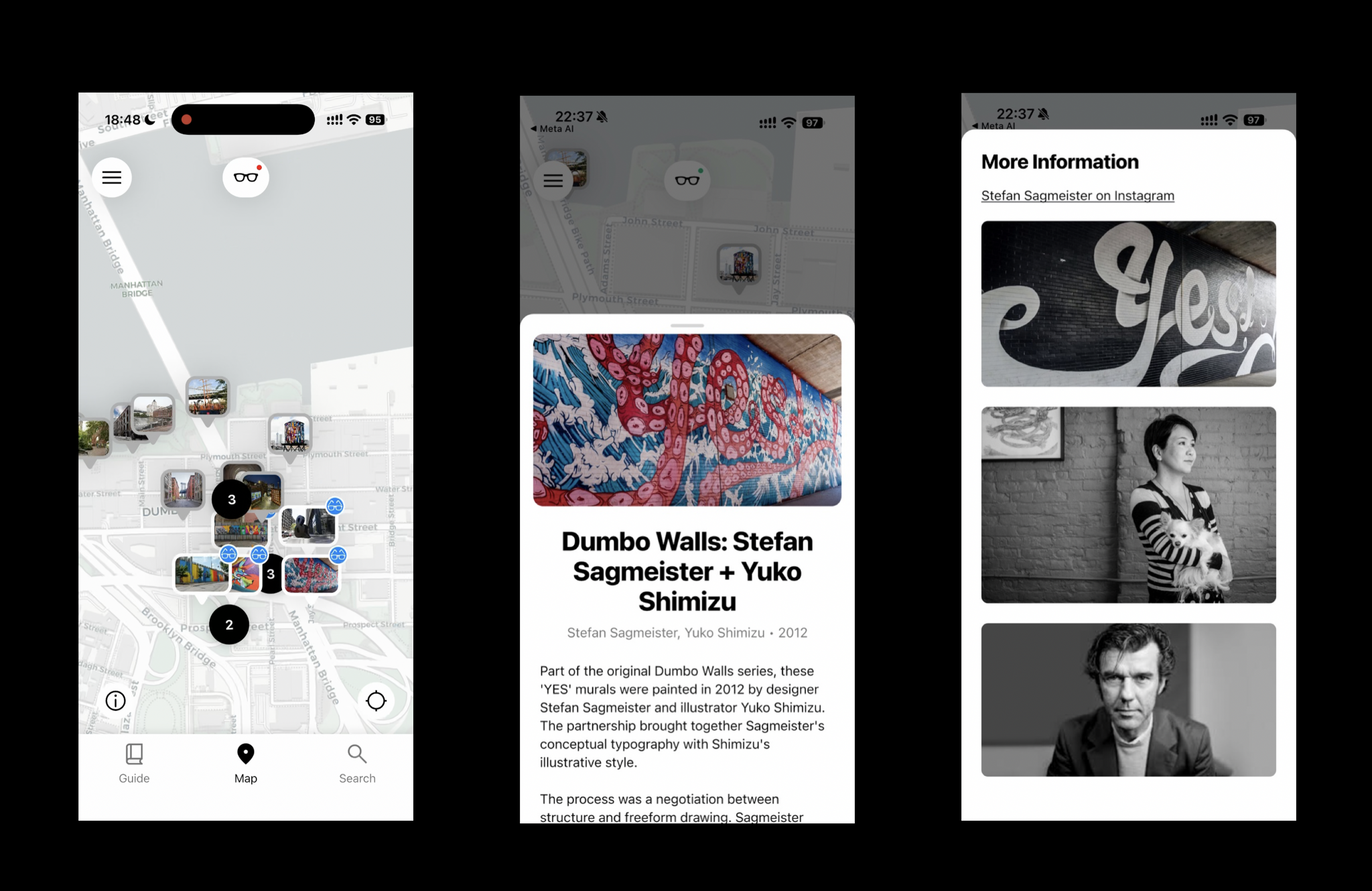 Three DUMBO Spatial Guide screens showing the map, a DUMBO Walls artwork detail, and artist information.