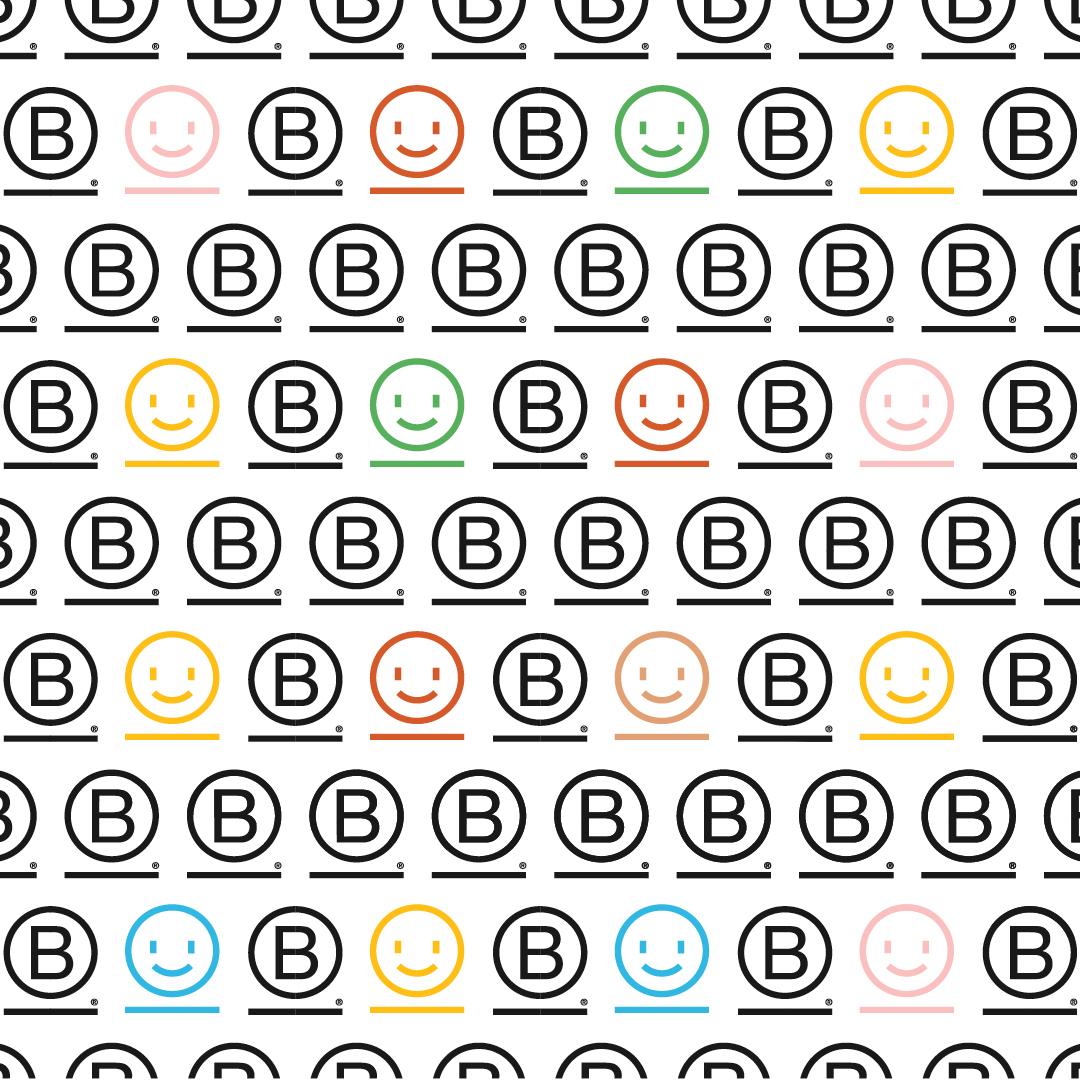 Repeating pattern of B icons and colorful smiley faces