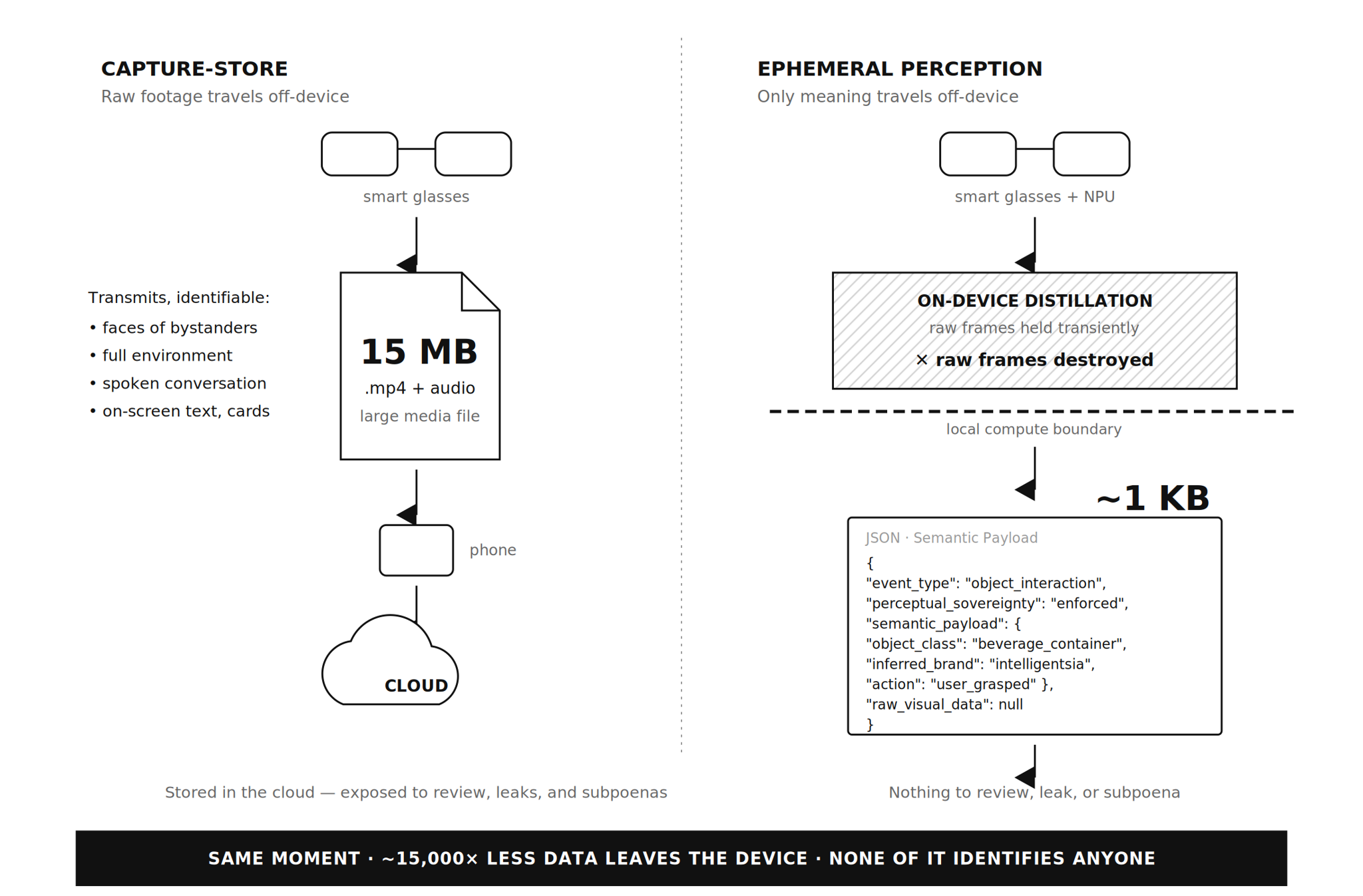 Comparison diagram of capture-store data flow and ephemeral perception data flow.
