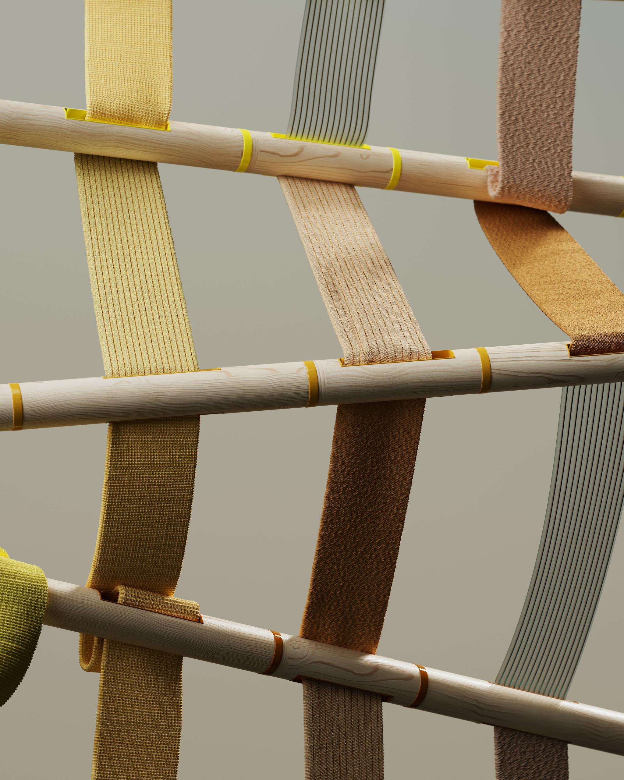 Textured woven straps looped around light wooden rods on a neutral background