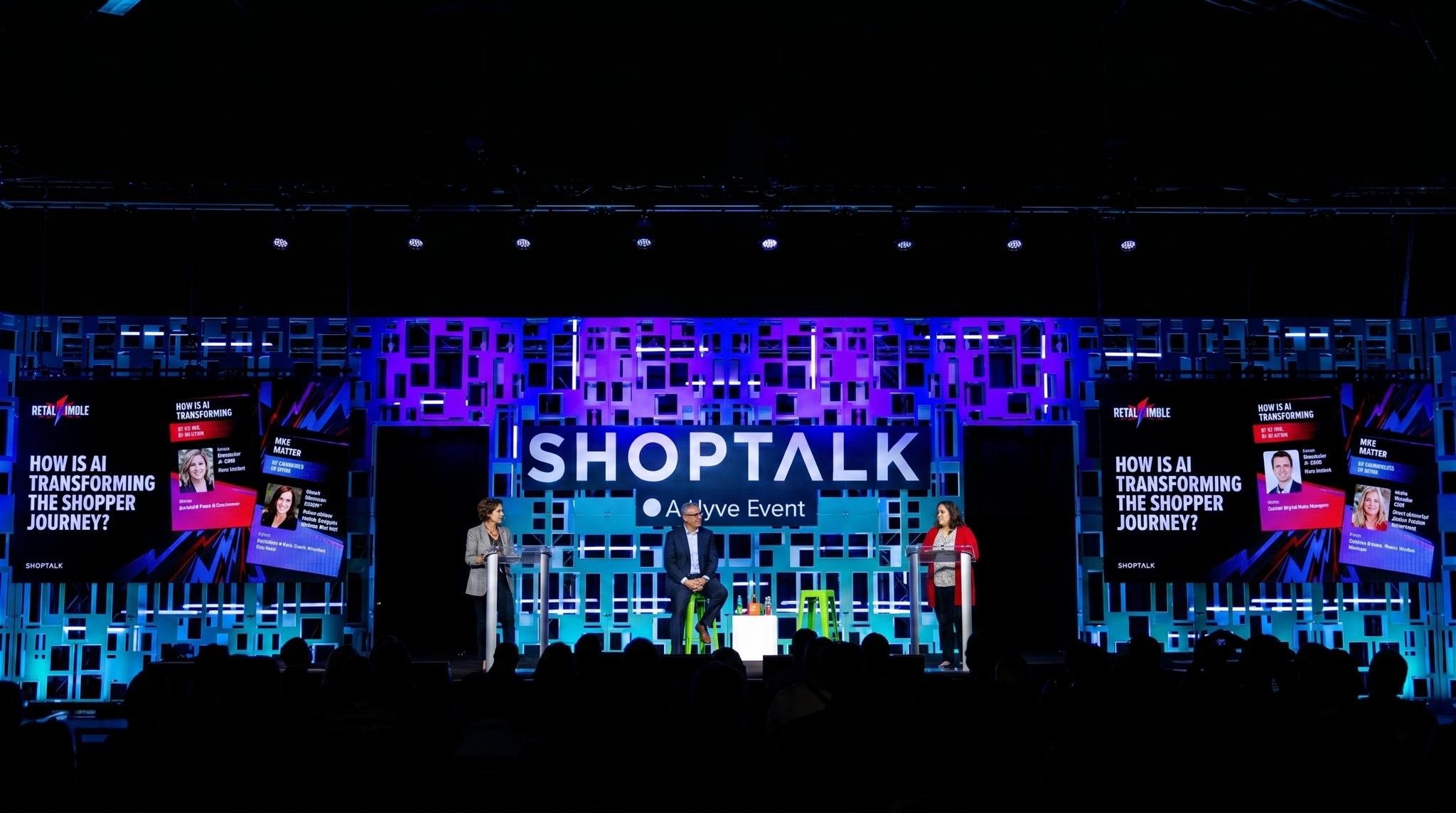 Three speakers on the Shoptalk stage for a session titled How is AI transforming the shopper journey?