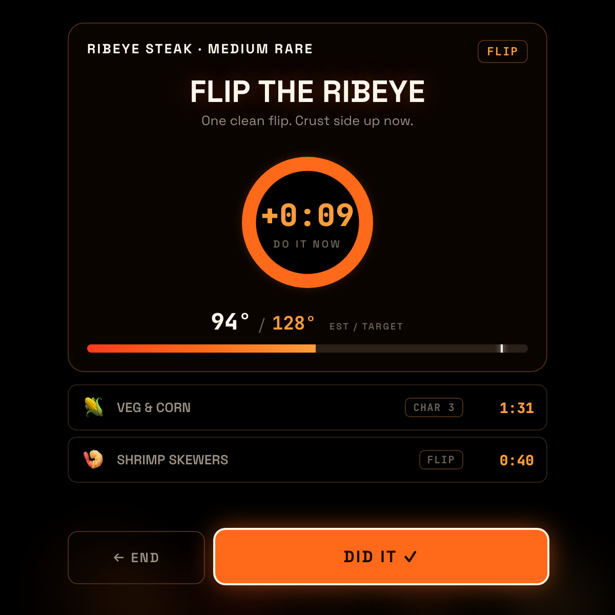 Grill Master coach screen reading "Flip the ribeye" with a countdown timer and temperature readouts
