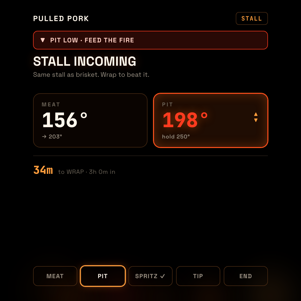 Grill Master monitor alarm screen highlighting a temperature alert and next step during a cook.