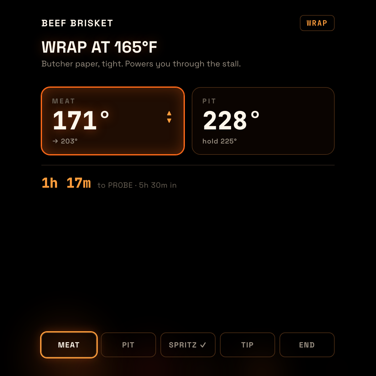 Grill Master monitor screen showing meat temperature, pit temperature, time, and next cooking action.
