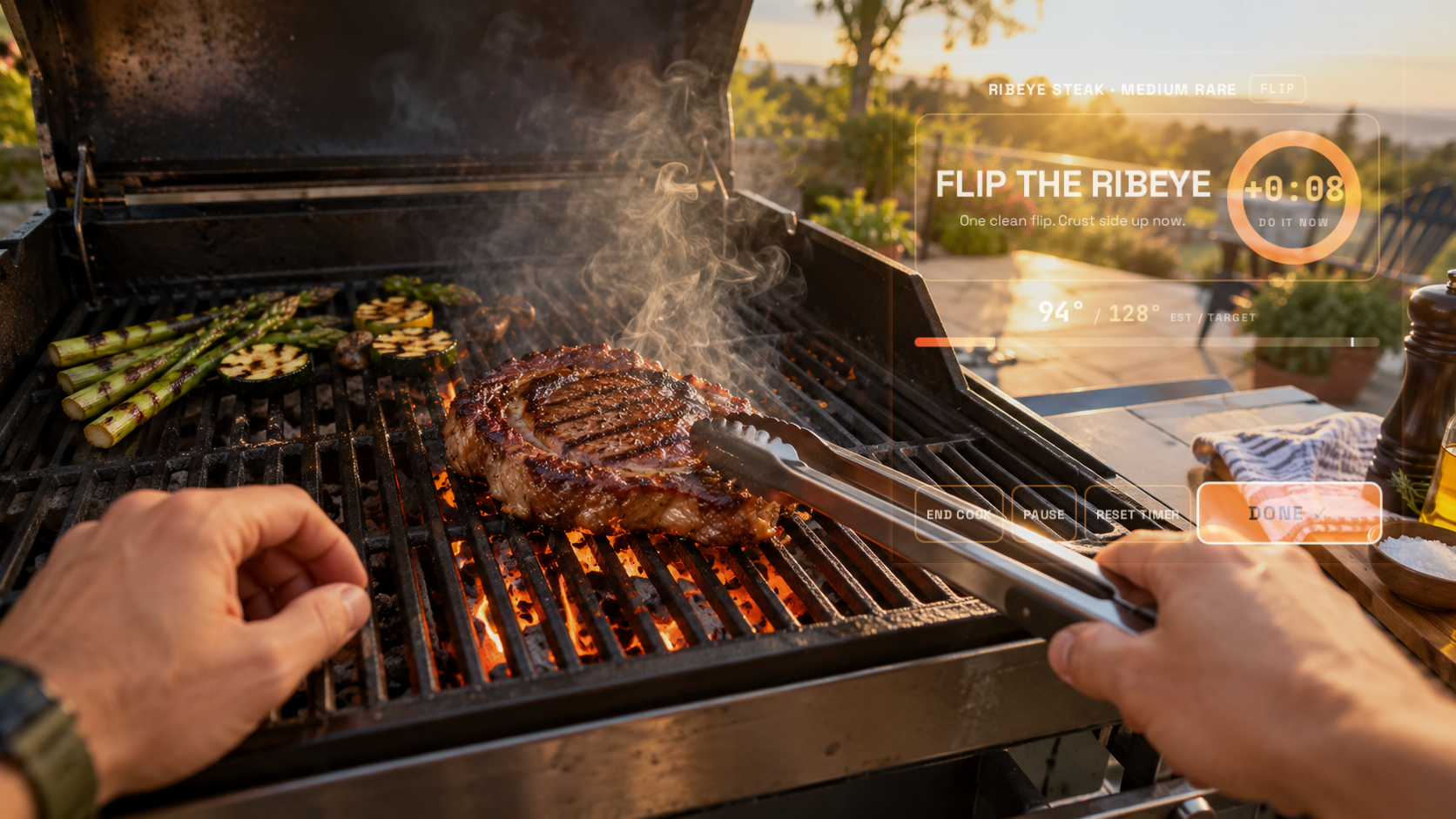 A first-person view of food cooking on a grill with the Grill Master smart-glasses interface showing time, temperature, and the next cooking step.