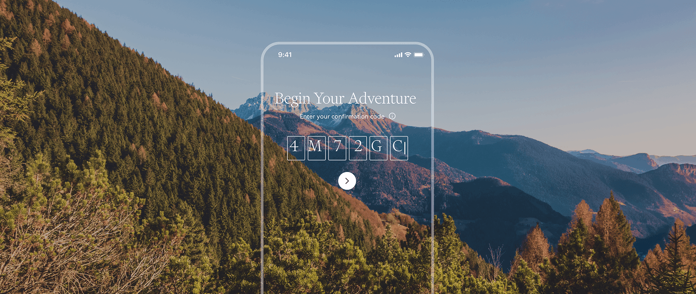 Wide mountain landscape with transparent phone UI and confirmation code