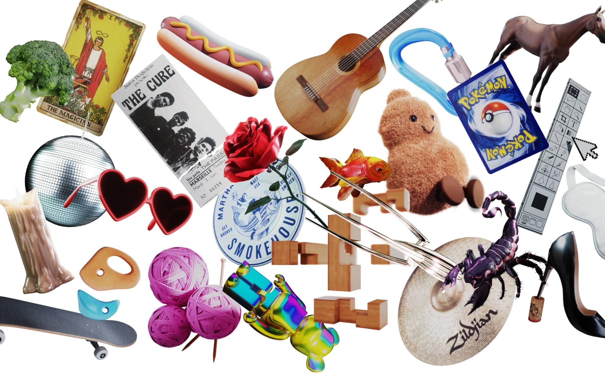 The Team Collage of assorted objects including guitar, skateboard, rose, and toys