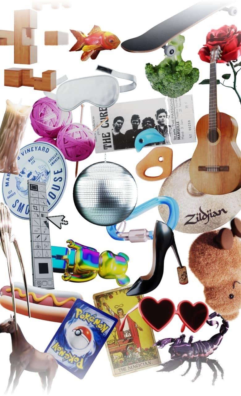 The Team Collage of assorted objects including guitar, rose, cards, and toys