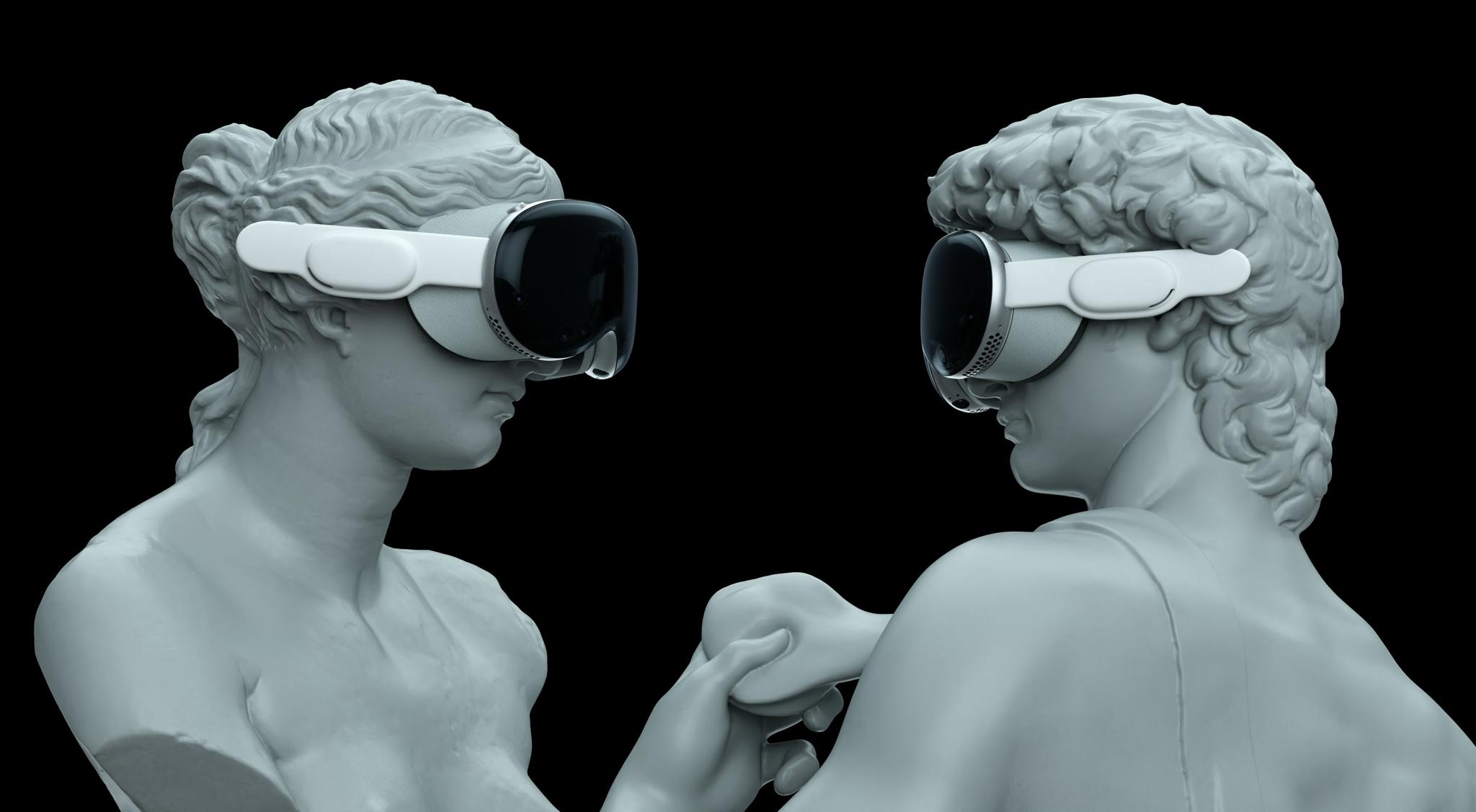 Classical busts wearing virtual reality headsets on a black background