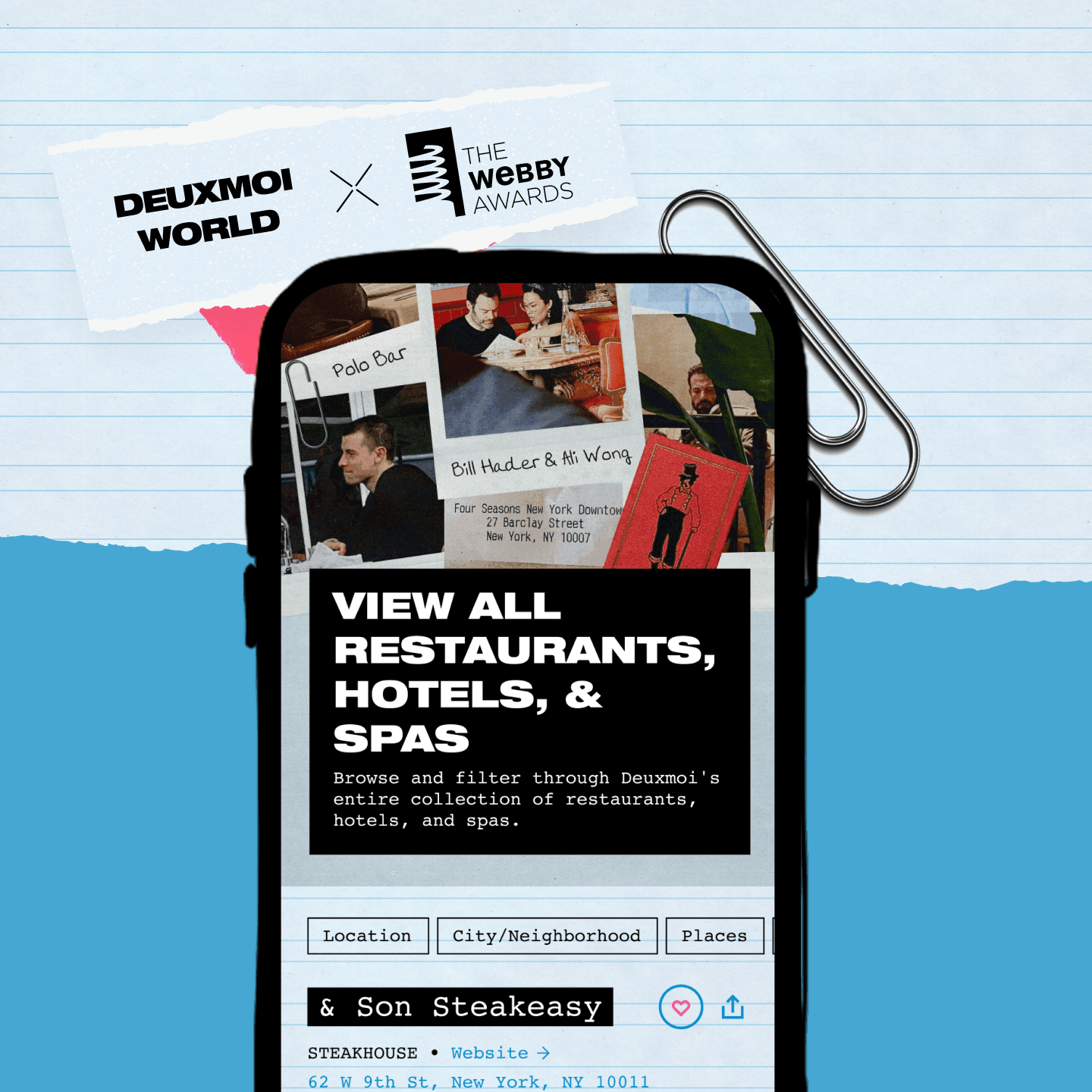 Phone showing a Deuxmoi restaurants, hotels, and spas guide on lined paper background