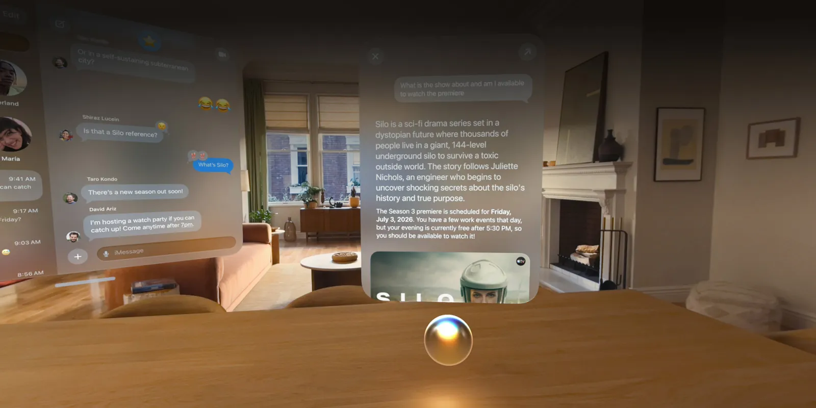 Spatial headset view of a living room with floating Messages threads and a Siri answer about the show Silo.