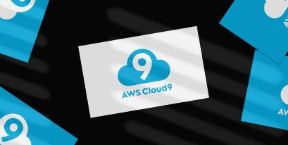 AWS Cloud9 branded cards scattered on a dark background