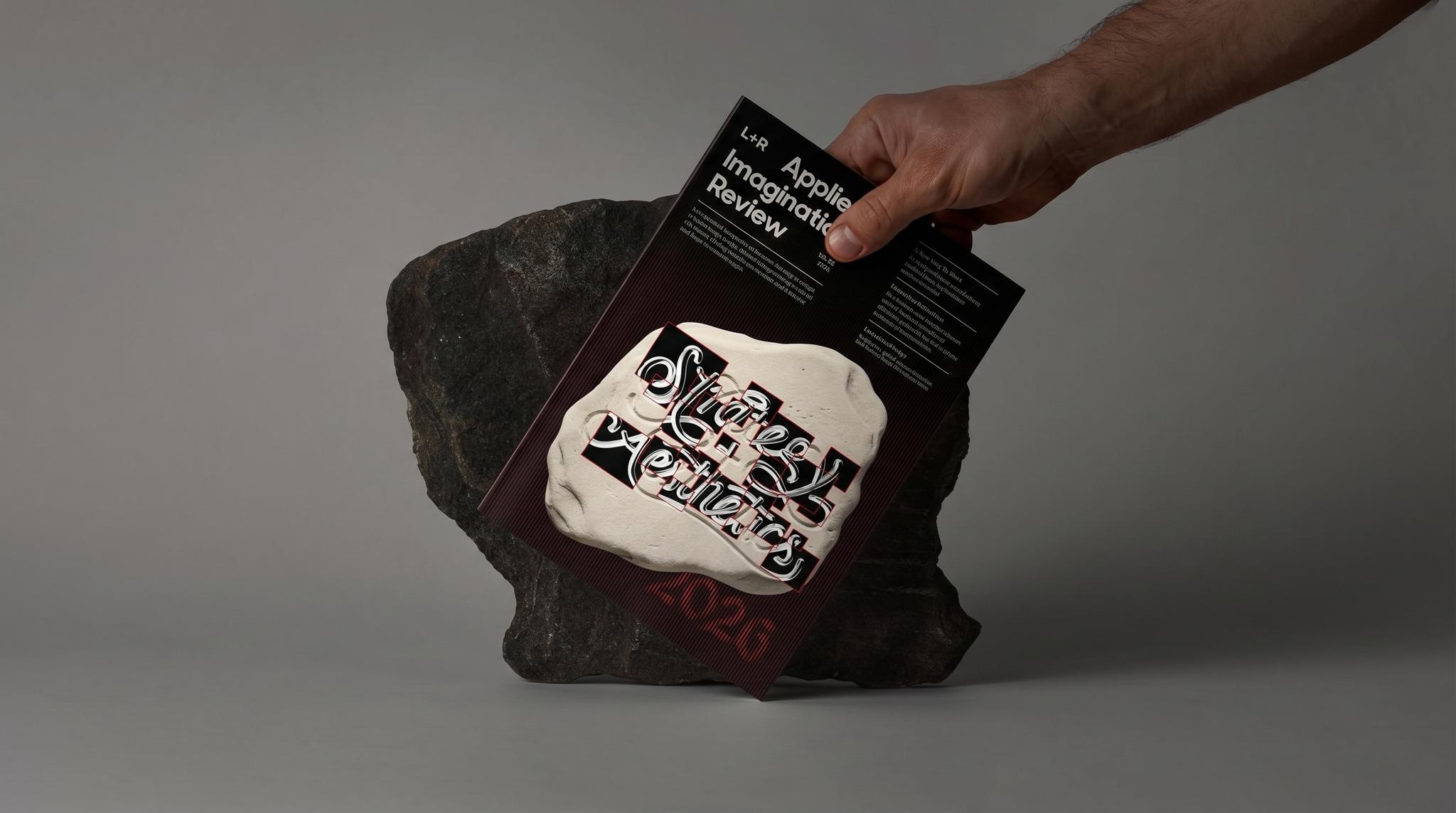 Hand lifting L+R's Applied Imagination Review Vol 03 off a rock, cover reading Strategy + Aesthetics.