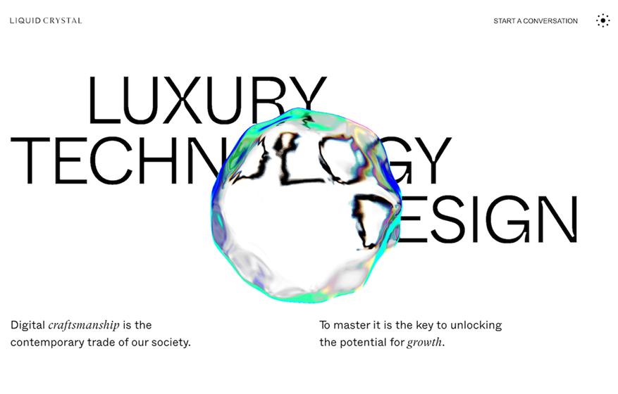 Liquid Crystal website hero with luxury technology design text