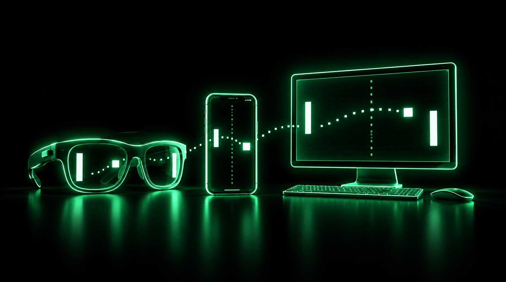 Neon green editorial visual showing display glasses, a phone, and a desktop computer connected by a simple paddle-and-ball game motif.
