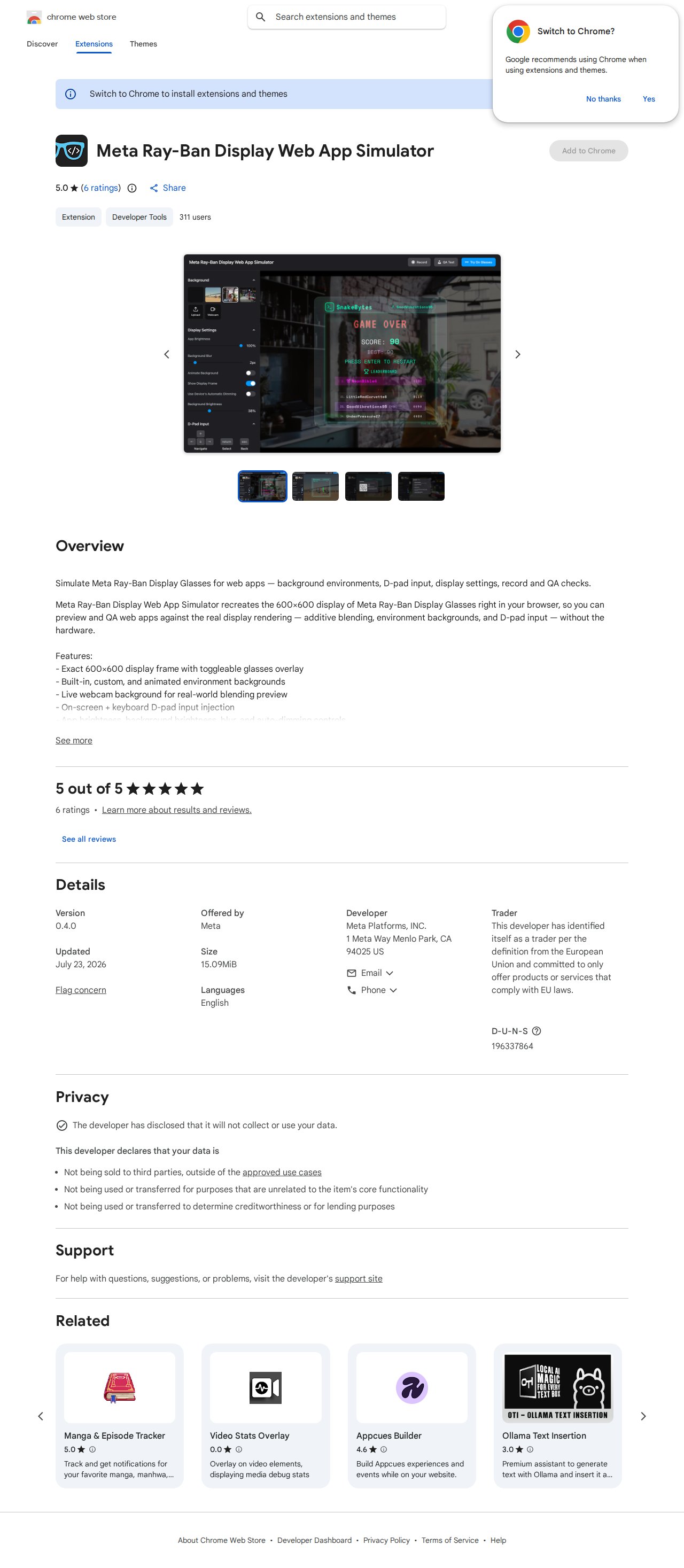 Chrome Web Store listing for Meta Ray-Ban Display Web App Simulator, a technical QA counterpart for builders.