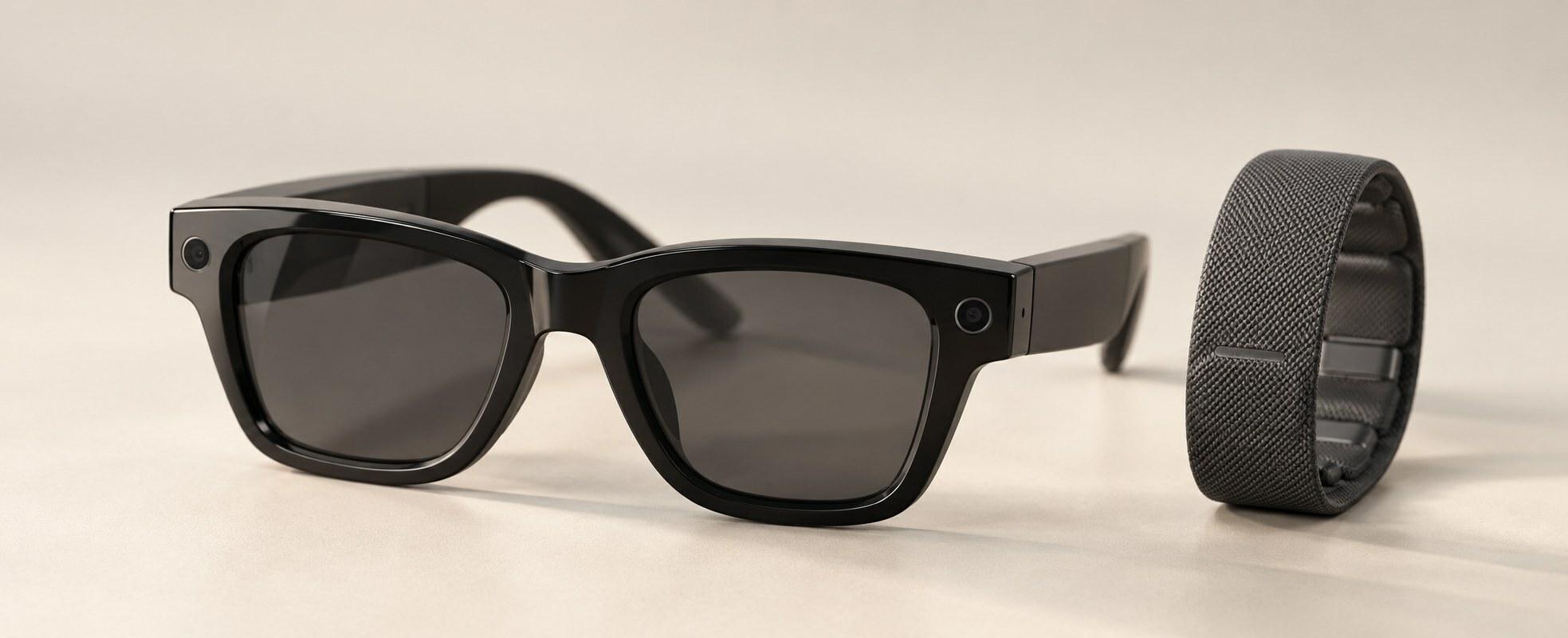 Black display glasses and neural band photographed on a clean studio surface