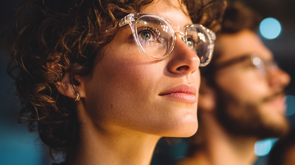 Two people wearing clear smart glasses in warm light