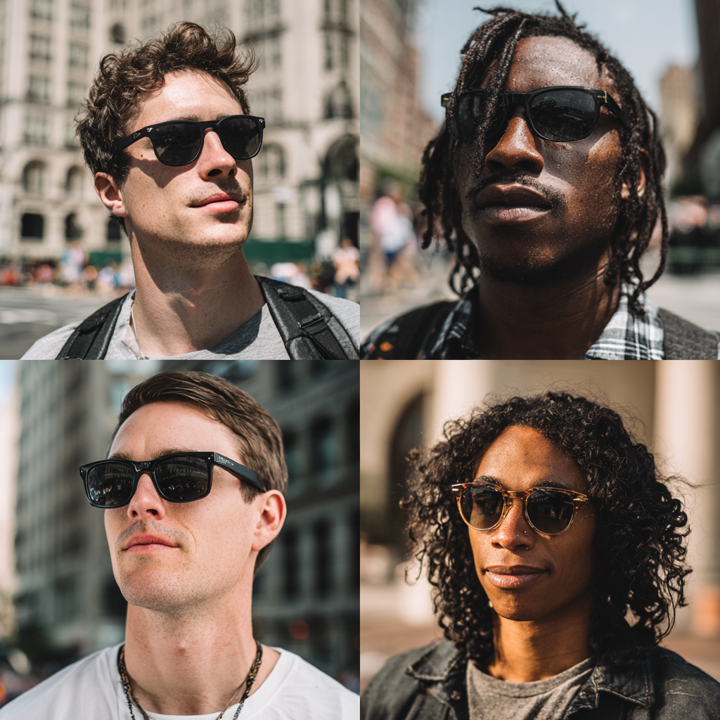 Four portraits of people wearing black or tortoiseshell smart sunglasses outdoors