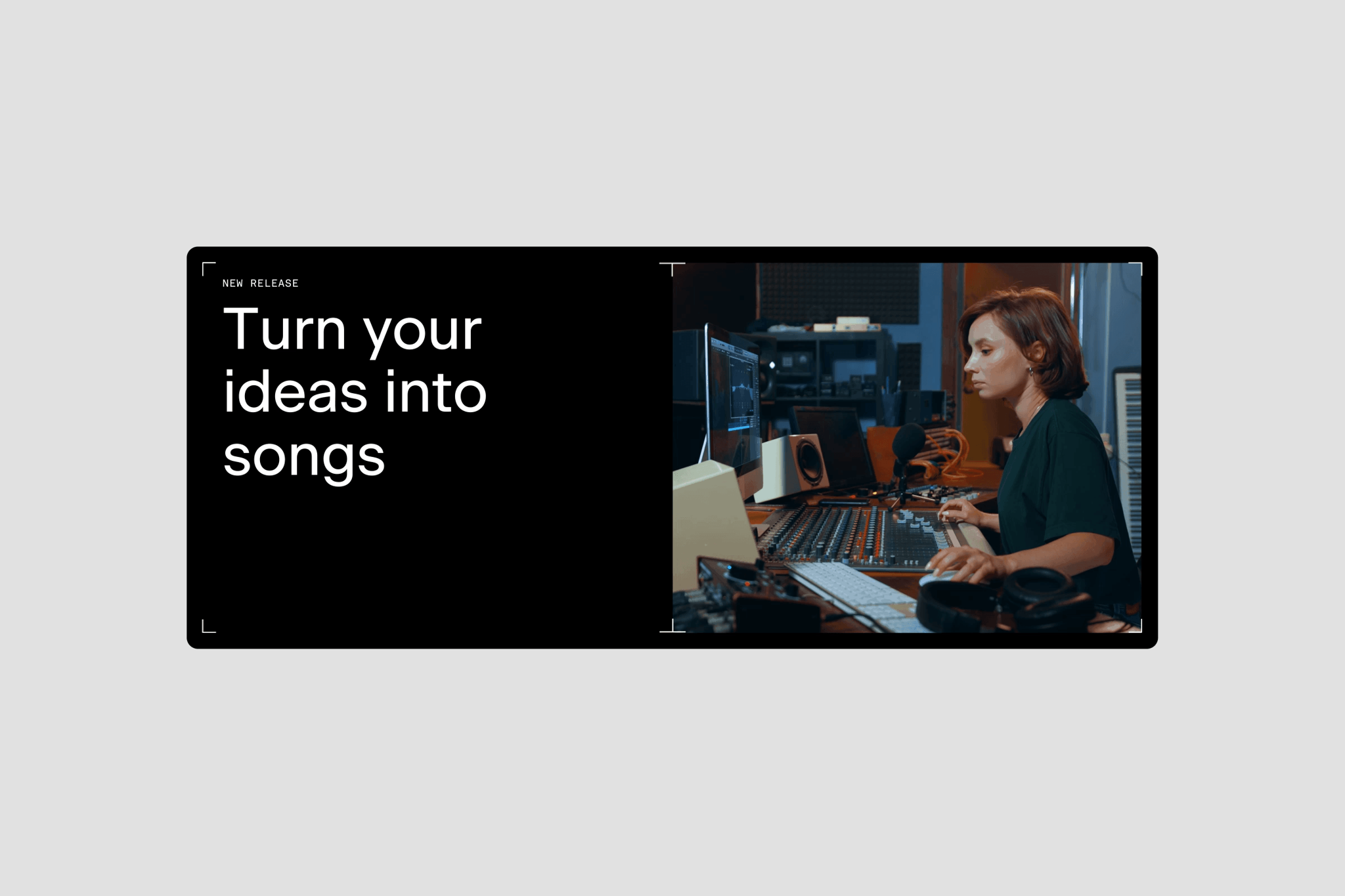Banner reading "Turn your ideas into songs" beside a person at an audio mixing desk