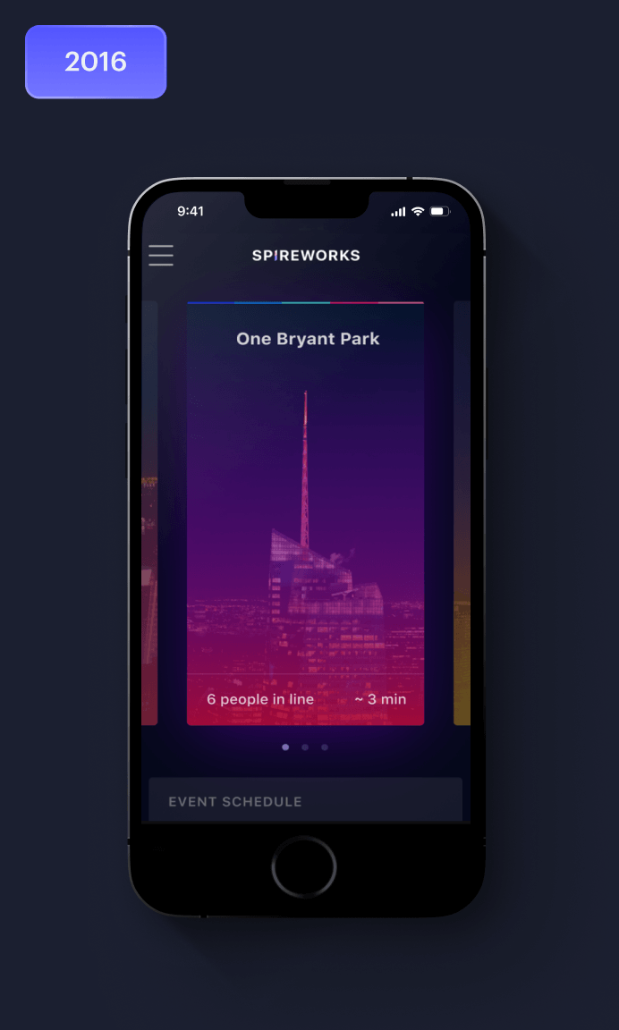 2016 Spireworks app screen showing One Bryant Park queue details