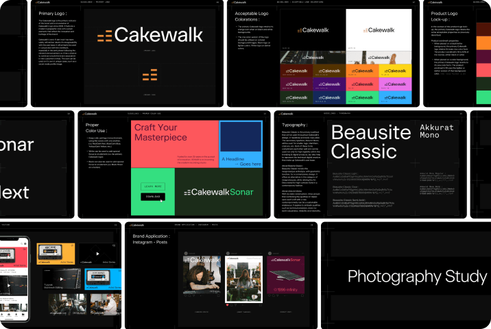 Close-up of Cakewalk brand guideline boards on a dark grid