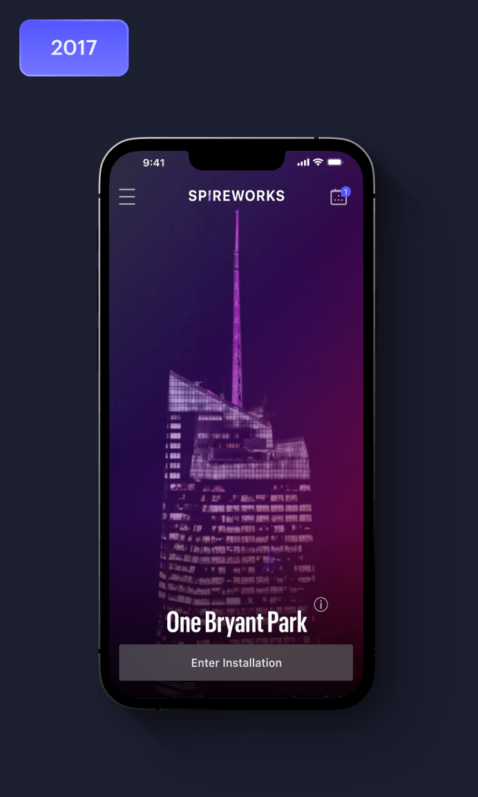 2017 Spireworks app screen for One Bryant Park on a smartphone