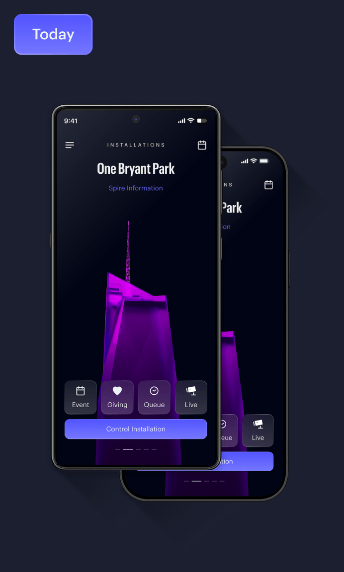 Two phones showing the One Bryant Park installation controls in the Spireworks app