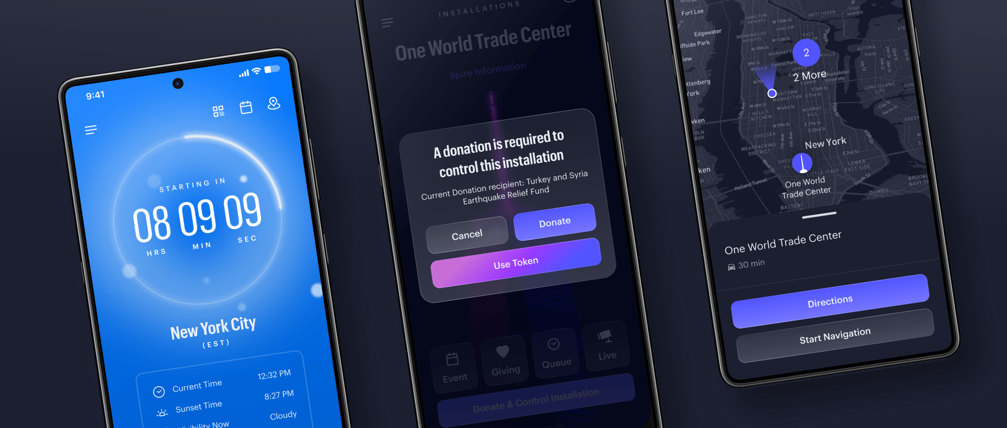 Three Spireworks app screens for timer, donation, and navigation features