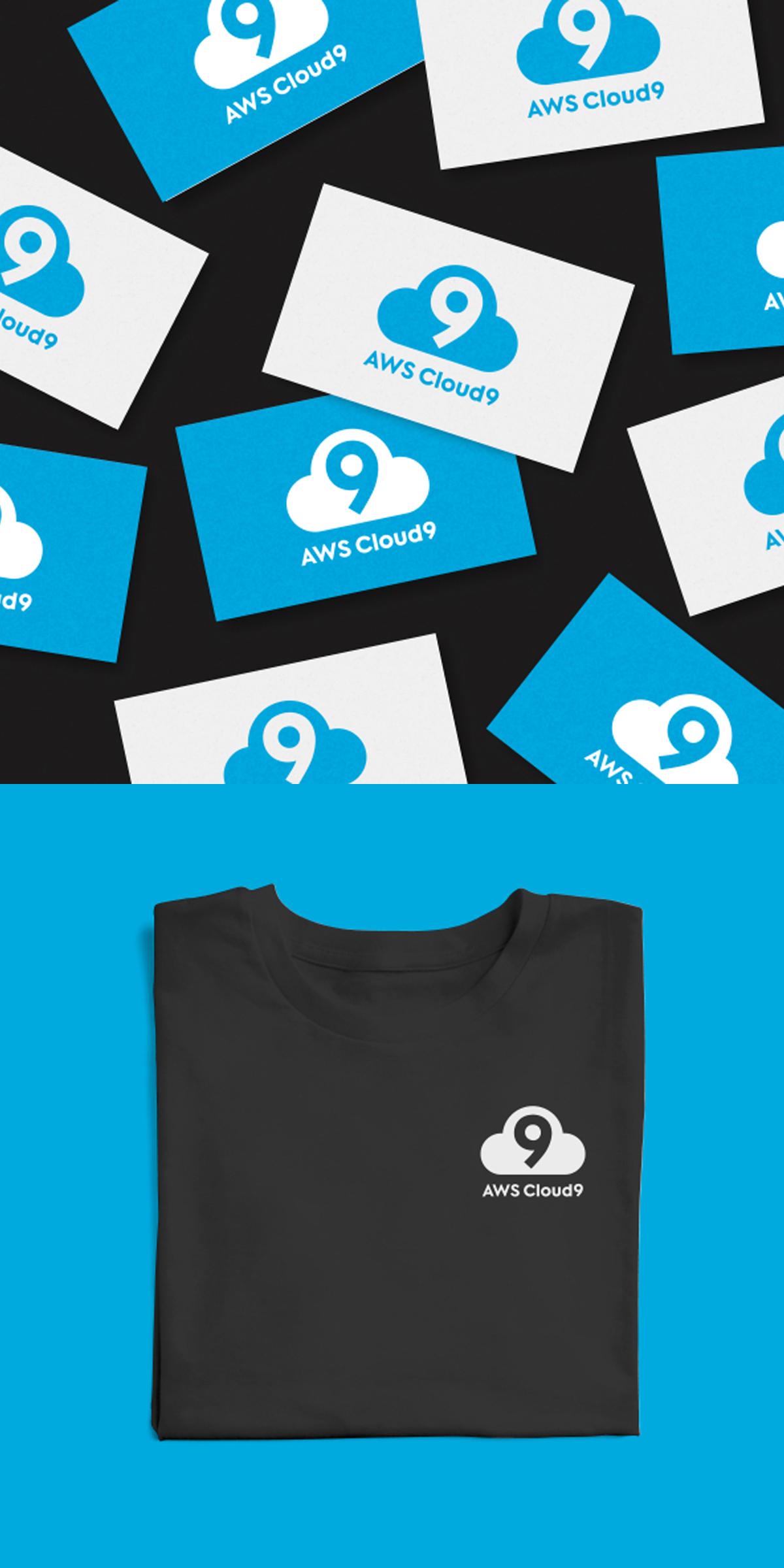 AWS Cloud9 cards and a black T-shirt with the cloud 9 logo