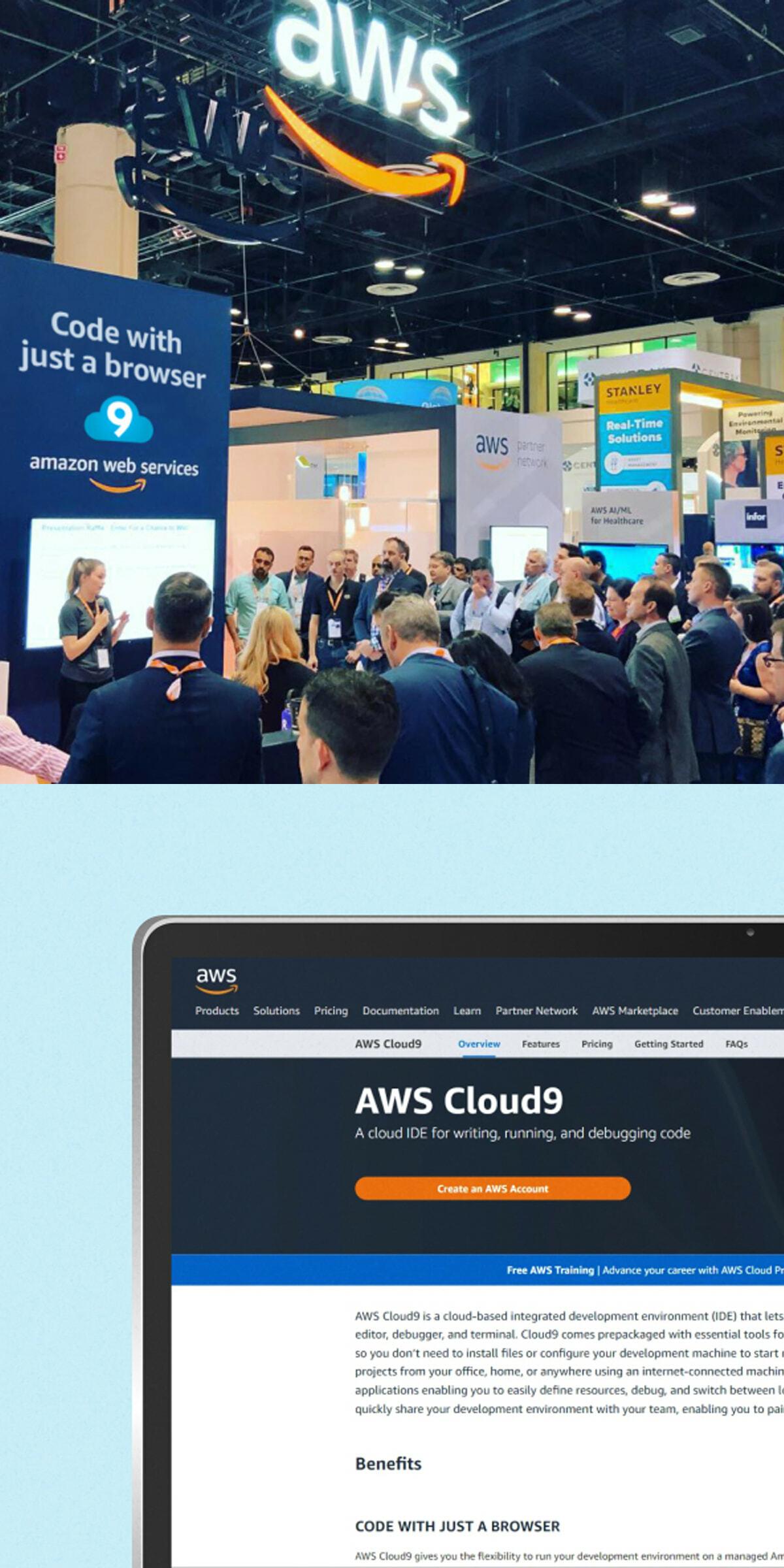 AWS conference booth with crowd and laptop showing the AWS Cloud9 webpage