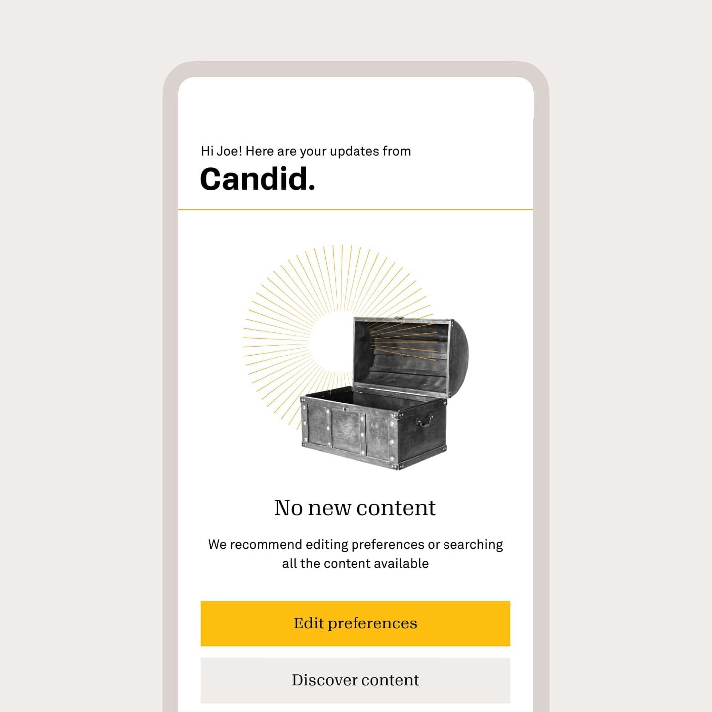 Candid mobile update screen with empty chest and "No new content" message