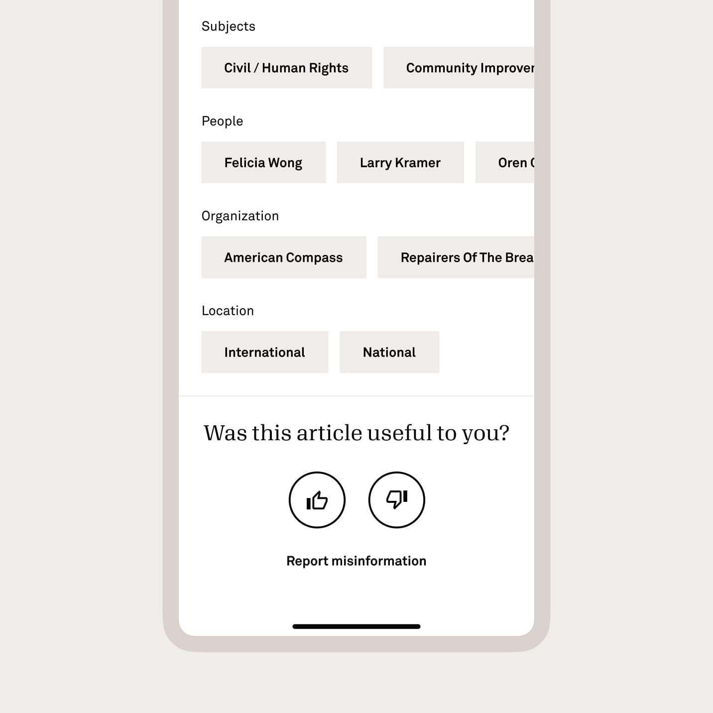 Mobile article feedback screen with tags, thumbs up and down buttons