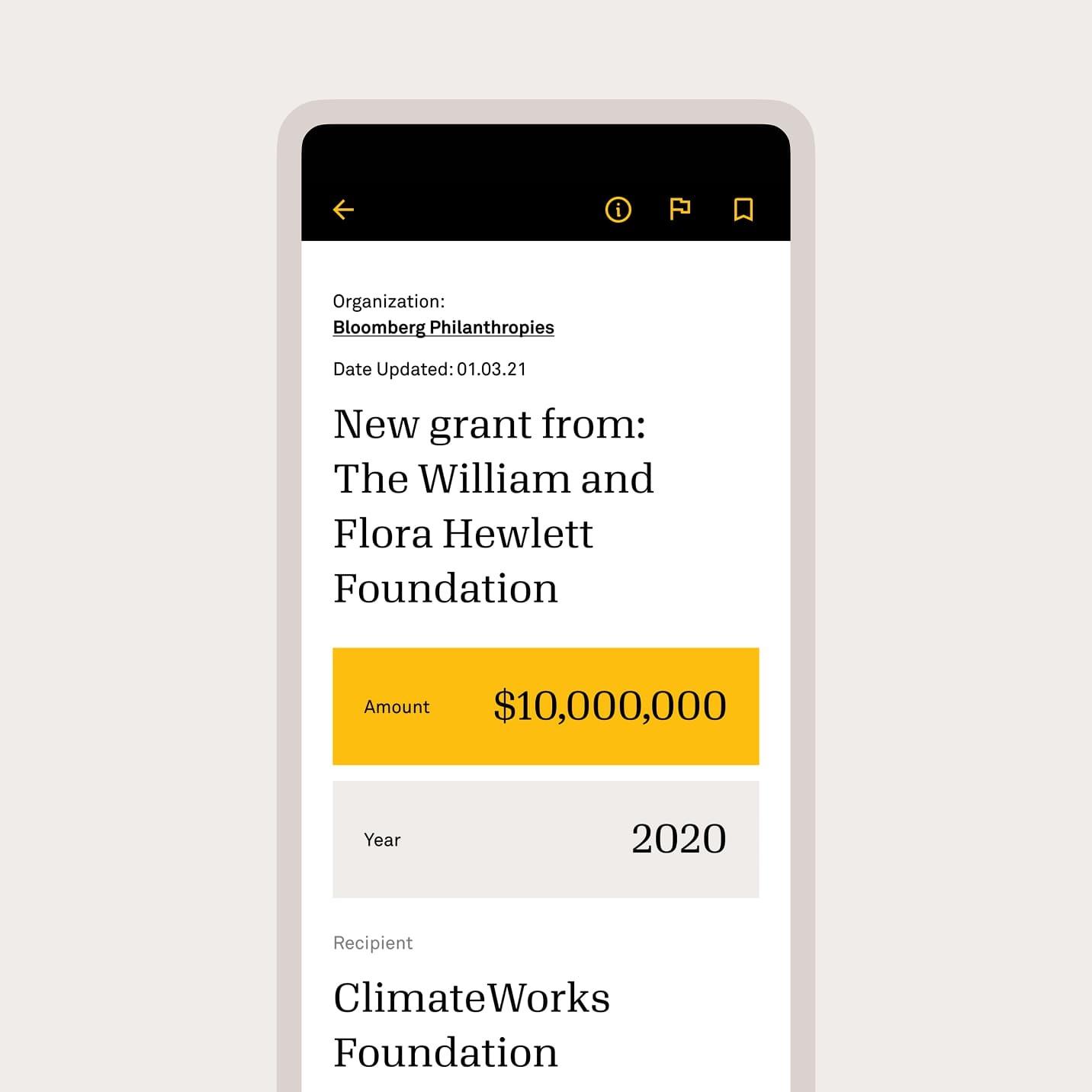 Mobile grant detail screen showing a $10,000,000 Hewlett Foundation grant