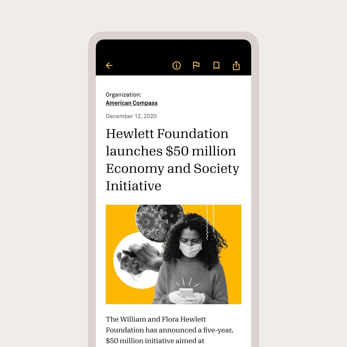 Mobile article screen about Hewlett Foundation launching an initiative