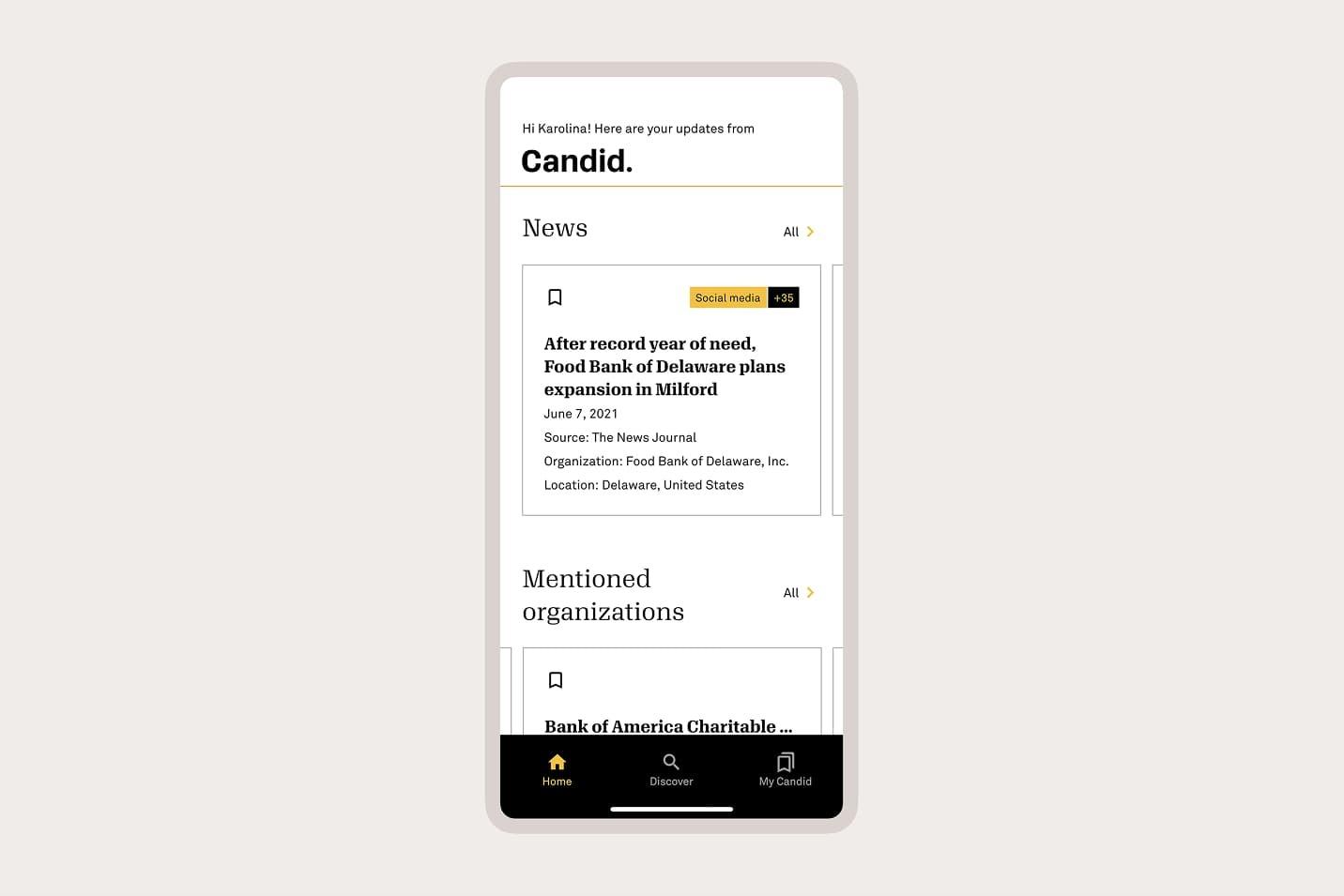 Phone mockup showing the Candid app news feed and mentioned organizations
