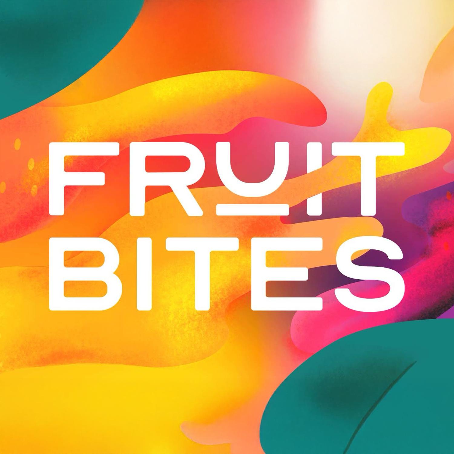Colorful abstract background with bold white text reading "FRUIT BITES"