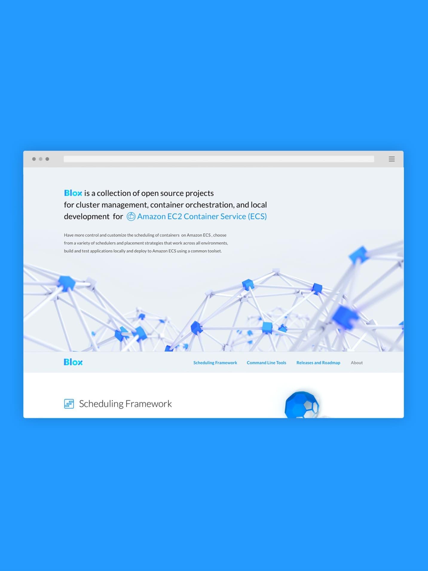 Blox website browser mockup on a bright blue background