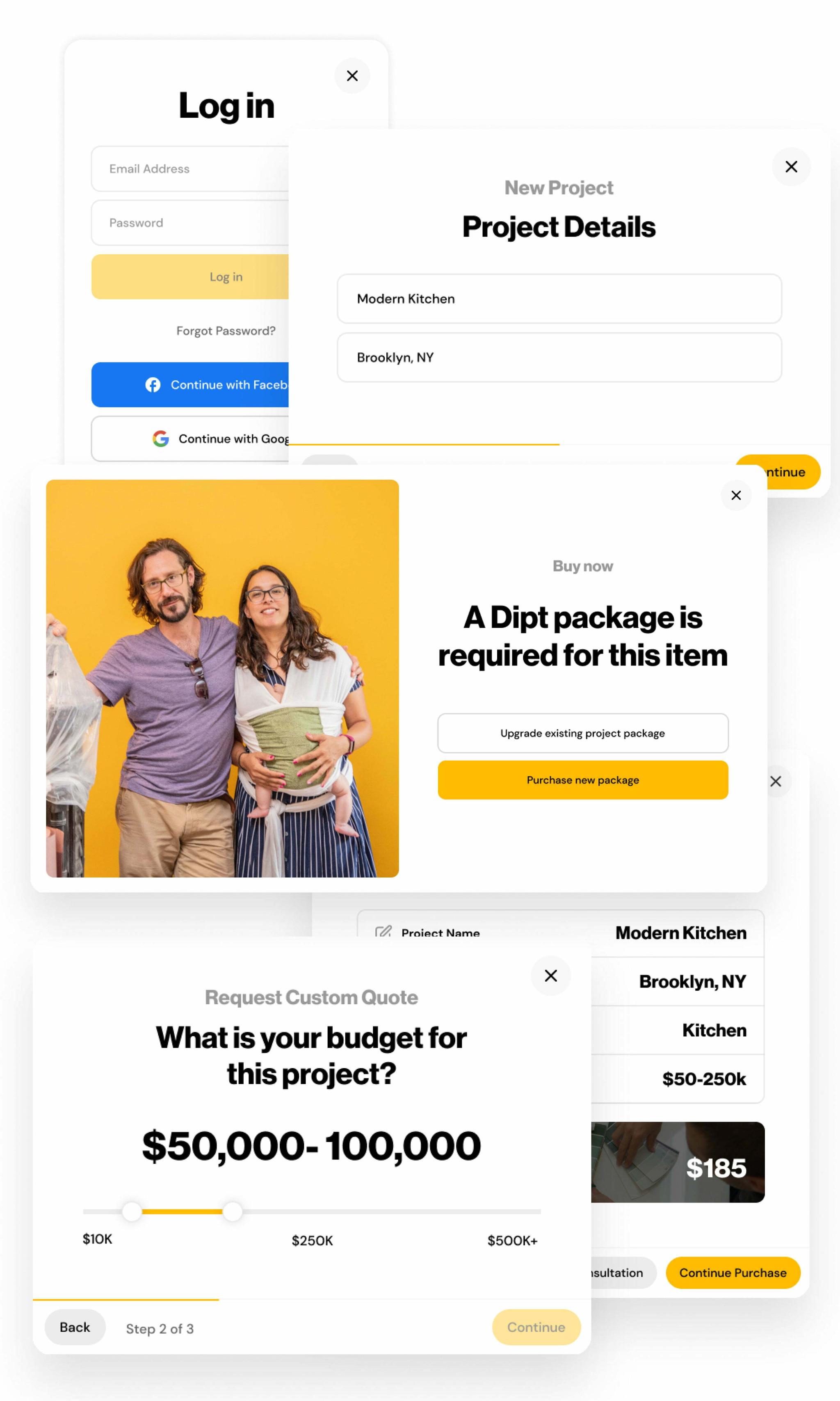 Dipt modal screens for login, project details, package purchase, and budget request