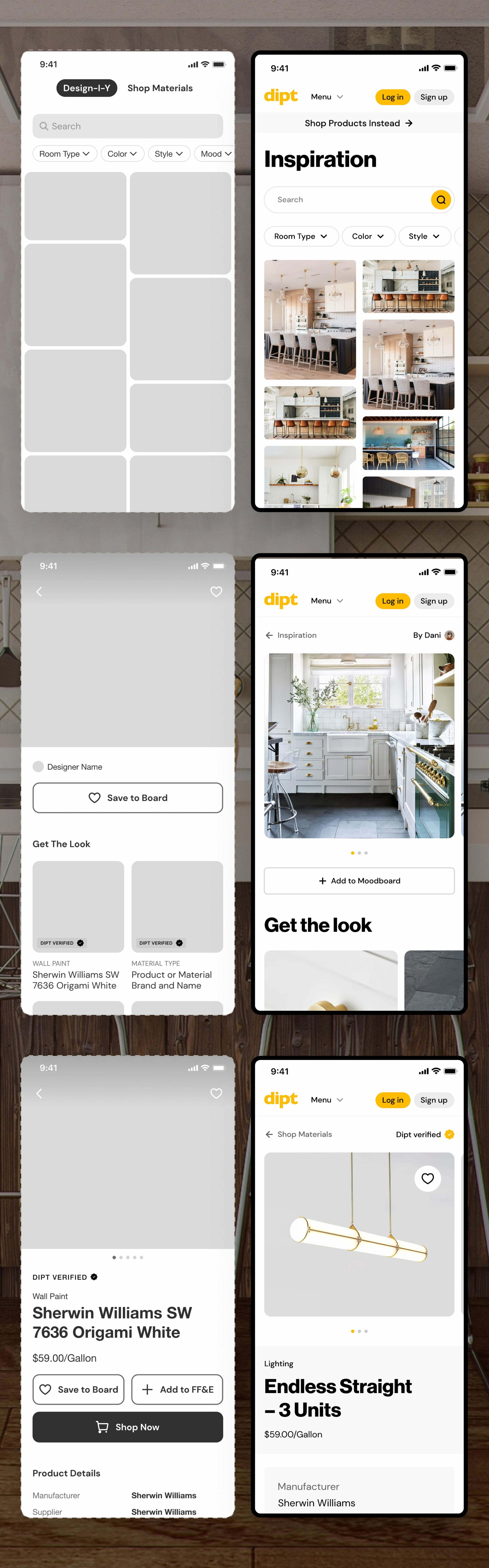 Six Dipt mobile screens showing inspiration, product, and material shopping flows